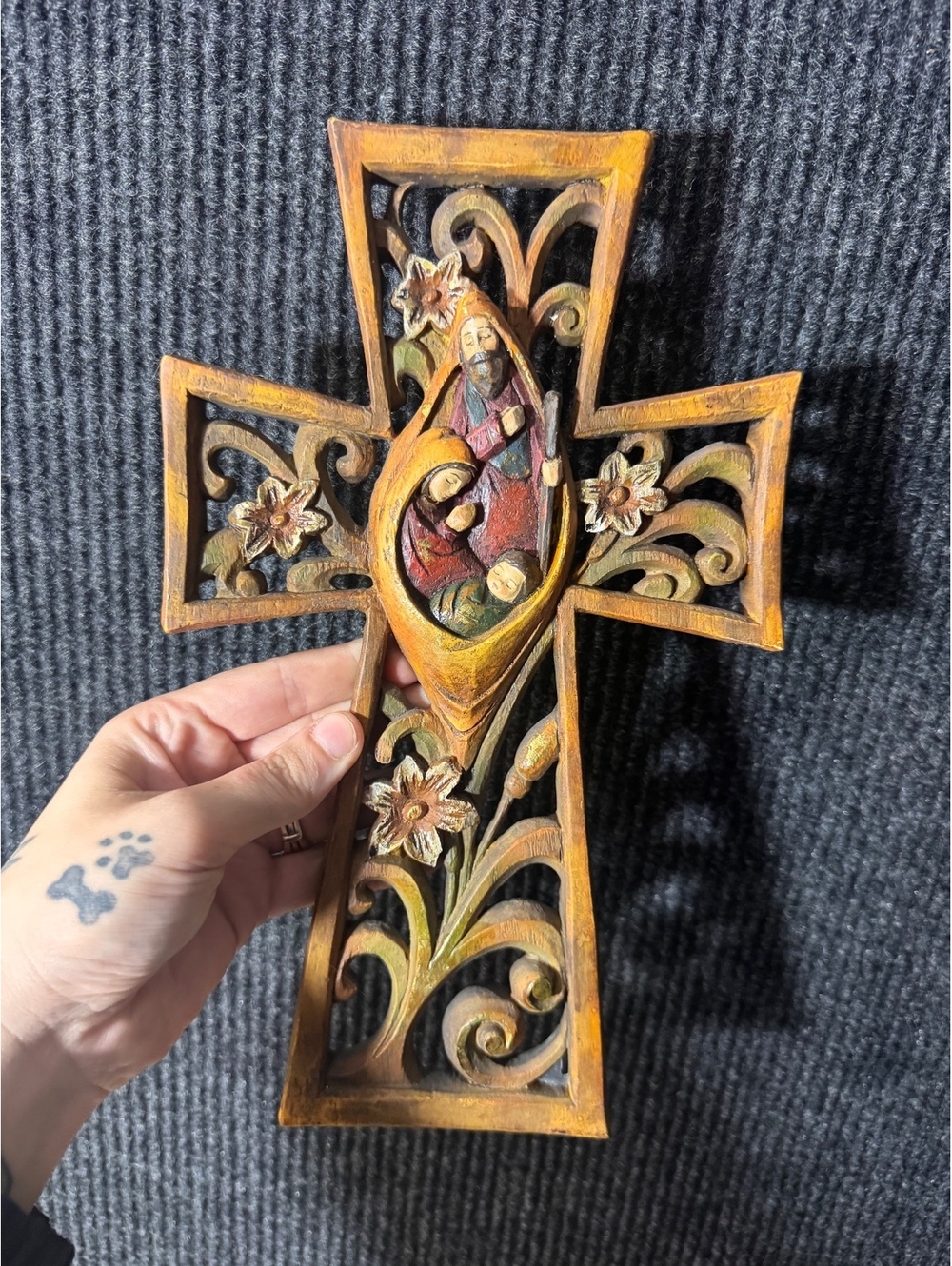 Hand-Carved Wooden Nativity Cross Wall Decor